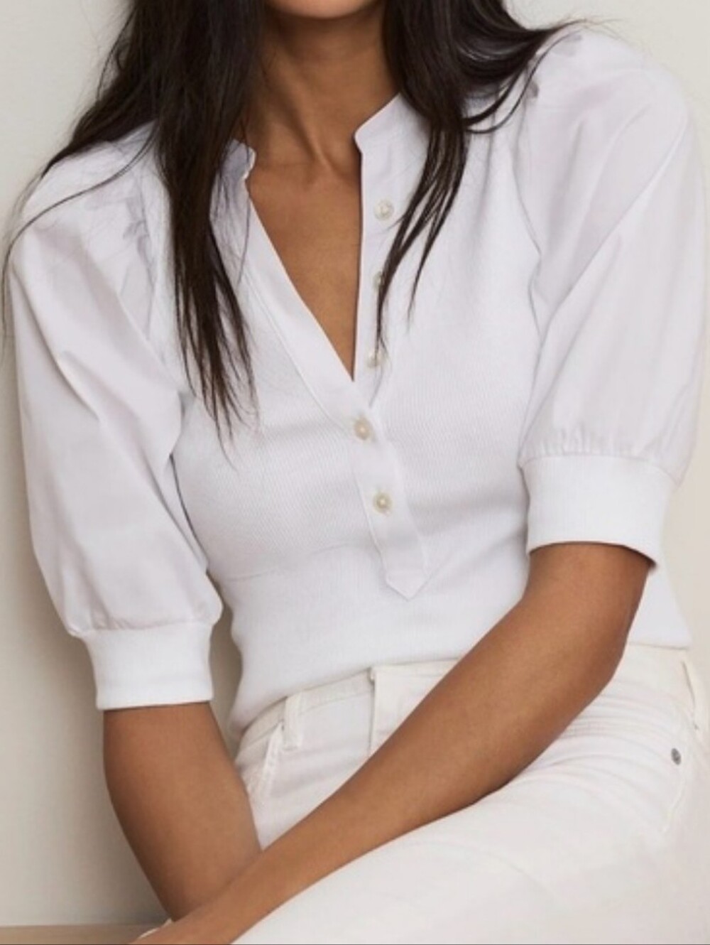 Veronica Beard Coralee White Button-Front Puff Sleeve Top Size L